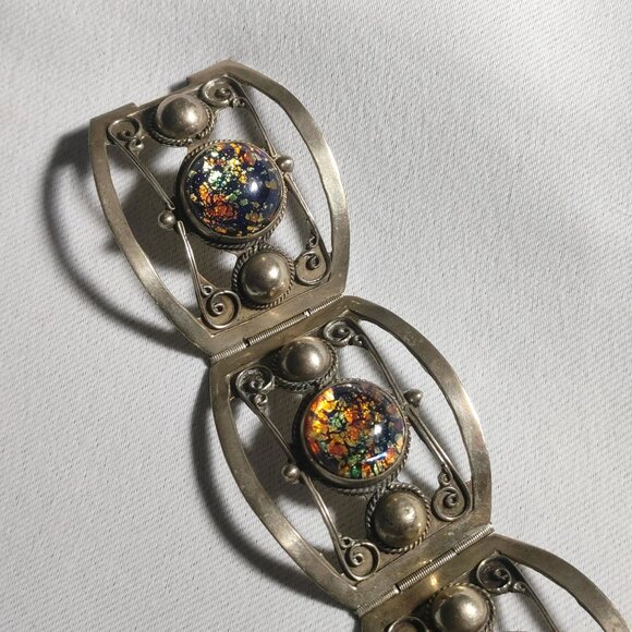 Iridescent Mexican Sterling Silver Bracelet Vintage Art Deco Style Hinge Panels - Picture 8 of 10